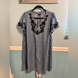 J. Jill light blue tunic dress with black floral embroidery